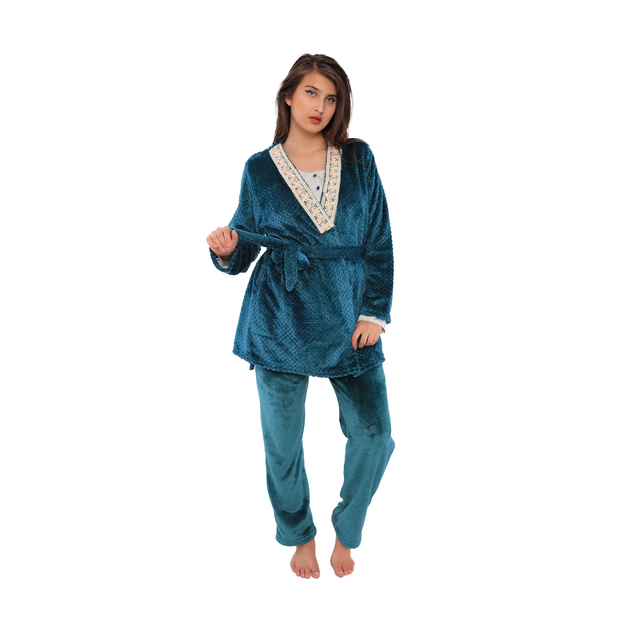 Women's Three-Piece Fur Pajama Set, plus Size - Winter Collection